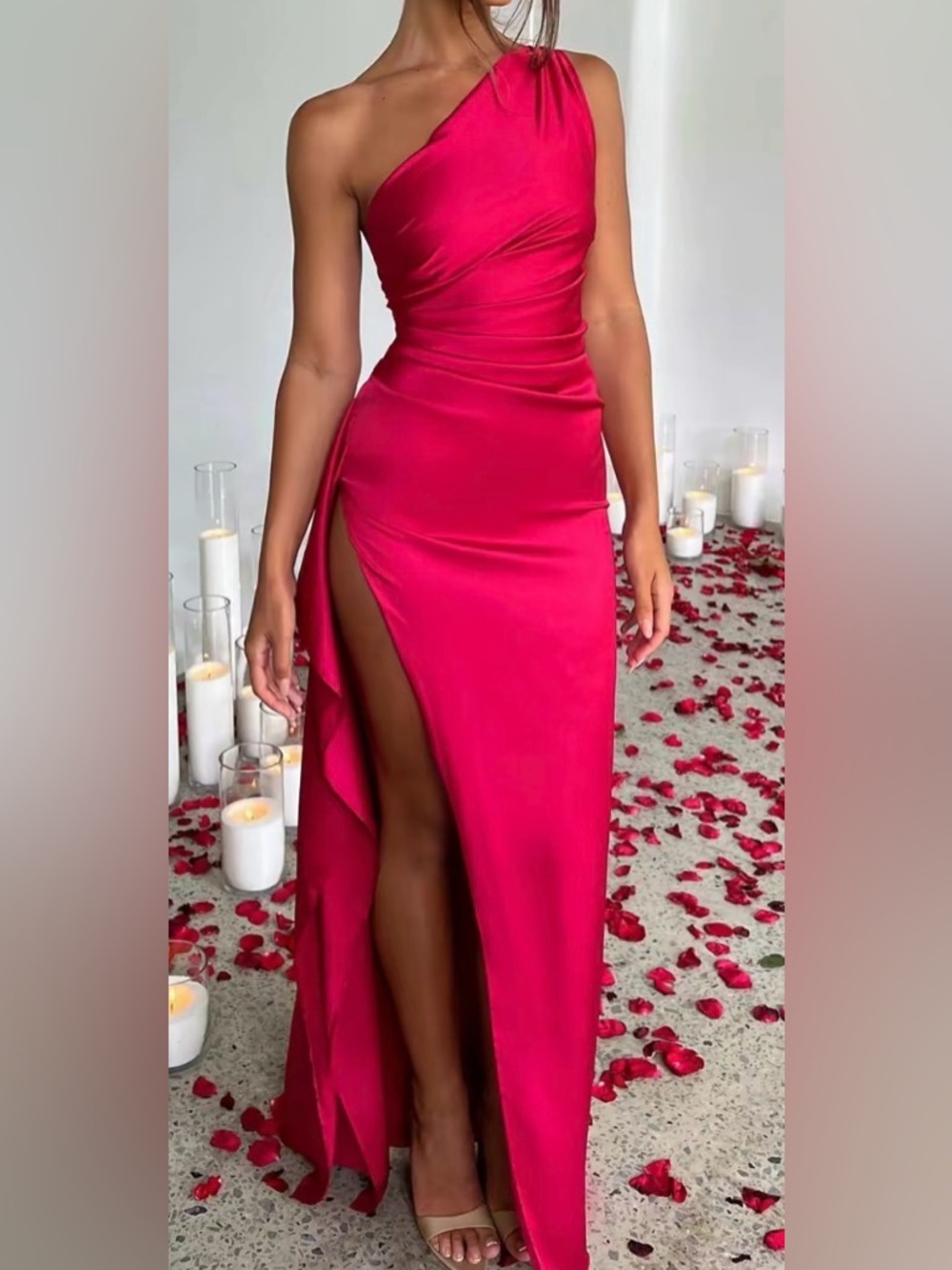 One-Shoulder Maxi Dress with High Thigh Slit in Fuchsia